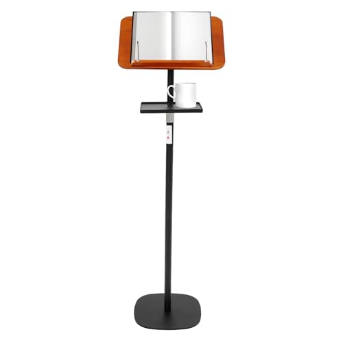 Atril ajustable para libros de pie en el suelo, soporte de lectura ajustable con bandeja de hierro y madera maciza, 108-142 cm de altura, negro y marrón, para casa, oficina, lectura