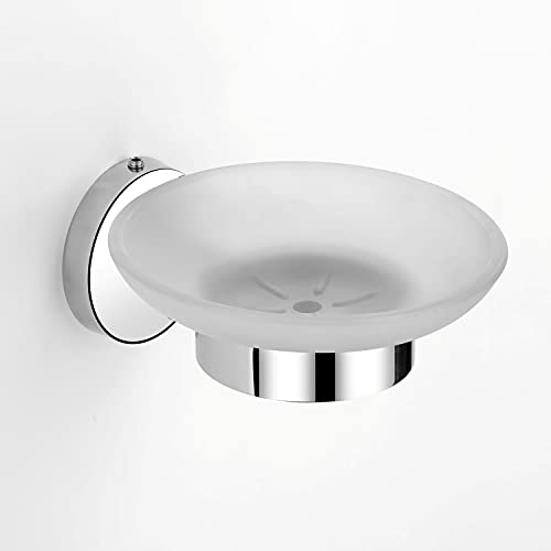 Image of Premium Frosted Glass Soap Dish for Bathroom and Kitchen | Round Countertop Soap Holder Case with Raised Interior Ridges for Shower Sink & Vanity Counter, Matte White Finish (Round 29)