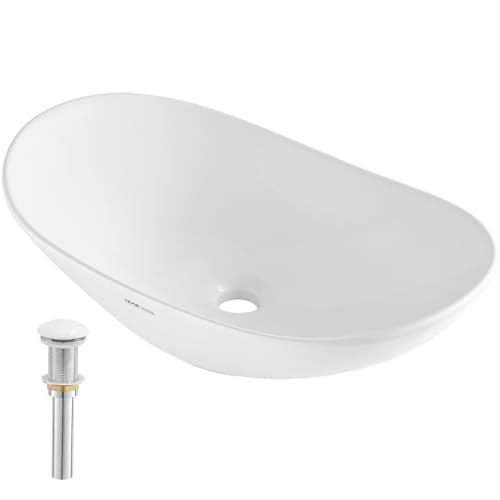 VEVOR Lavabo Ovalado de Cerámica Blanca para Baño, 592 x 361 x 158 mm, Sobre Encimera, Estilo Moderno, Bien Empaquetado para Hotel, Inodoro, RV, con Fregadero de Vasija