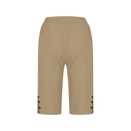 Bermuda Shorts for Women Knee Length,Womens Shorts Dressy Casual,Women Linen Short for Seniors,Plus Size Elastic Waisted Side Split Button Down Khaki Short
