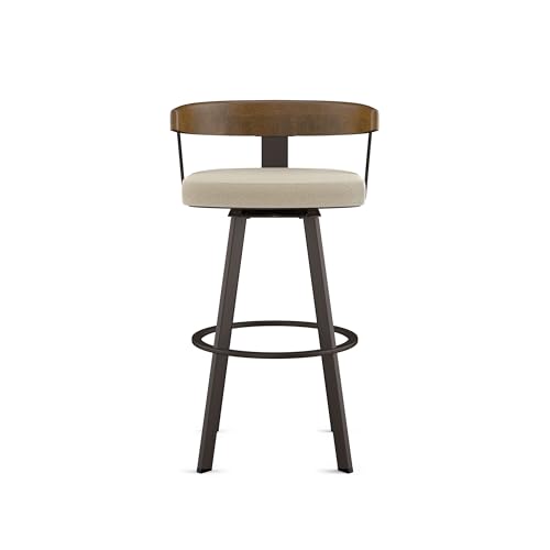Image of Amisco Lars 26 inch Swivel Counter Height Barstool, Upholstered Stool with Solid Wood Back and Arms for Kitchen Island or Bar, Drees Stool, Cream Boucle Polyester /Light Brown Wood /Dark Brown Metal