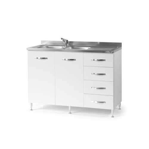 Linea Azzurra Sottolavello 120 Solo Mobile Cucina con 4 Cassetti e 2 Ante in Legno Made in Italy H85xL120xP50 cm Facile da Montare (Vasca a Sinistra, Bianco Frassinato)