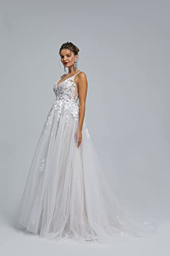 Image of Spaghetti Chiffon Beach Wedding Dress V Neck A line Bridal Gowns Lace Plus Size Wedding Dress