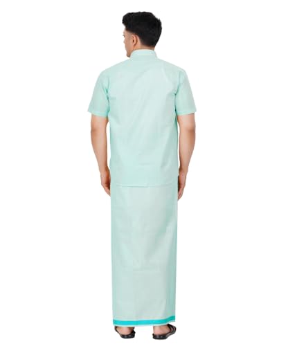 Image of Men's Traditional Indian Shirt and Dhoti Set, Half Sleeves Tissue Silk Cotton Shirt With Dhoti 2 metres for men