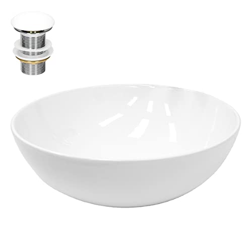 ECD Germany Waschbecken Waschtisch Ø 400 x 147 mm Keramik Rund Weiß inkl. Ablaufgarnitur für Waschbecken ohne Überlauf Aufsatzbecken Aufsatzwaschbecken Aufsatzwaschtisch Waschschale Spülbecken Becken
