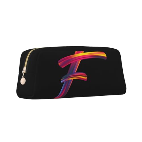 Image of Cute Initial Pencil Case for Kids Simple Leather Pencil Pouch for Boys Girls Letter Design Pencil Box Pen Bag Pencil Pouch Office Stationery Organizer, Rainbow Letter F