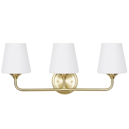Image of Kenroy Home Roberts Brushed Gold 3-Light Bathroom Vanity Light with Opal Glass Shades for Contemporary, Transitional, or Modern Farmhouse Bathroom Decor
