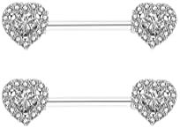 Musegetes 316L Stainless Steel Nipple Rings, Surgical Steel Nipple Bars, 14G Nipple Piercing Barbell, Sparkle Cubic Zircons CZ, Nipple Piercing Jewelry, Double Heart Silver N8-6