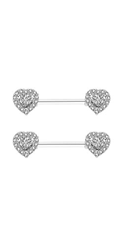 Musegetes 316L Stainless Steel Nipple Rings, Surgical Steel Nipple Bars, 14G Nipple Piercing Barbell, Sparkle Cubic Zircons Cz, Nipple Piercing Jewelry, Double Heart Silver N8-6 #TOP2