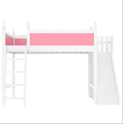 Image of Full Size Loft Bed with Storage Shelves, Cabinet & Detachable Slide and Ladders, Solid Wood Kids Loft Bed for Space-Saving, Playful & Organized Bedroom (Light White+Pink2, Full)