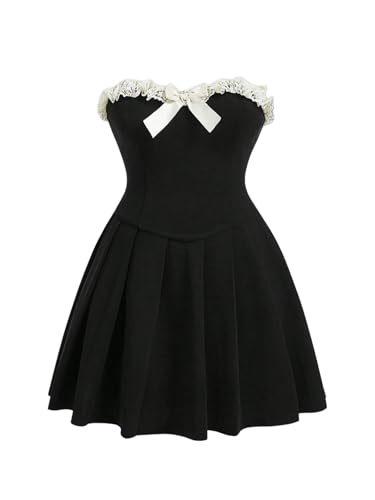 SOLY HUX Women's Plus Size Tube Dress Lace Trim Bow Strapless Sleeveless Pleated A Line Short Dresses