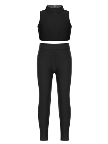 Hedmy Girls 2 Piece Sport Dance Outfit Mock Neck Crop Tank Top with Athletic Leggings Set Gymnastics Tracksuit