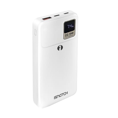 Isnatch Power Bank 20000Mah, Display Led, Ricarica Rapida Pd 22.5W, Cavi Lightning E Type-C Integrati, Bianco