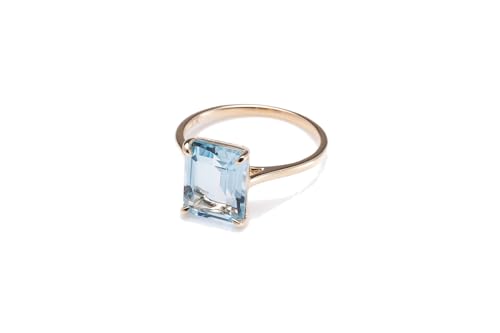 PERORNO Bague Solitaire en Or Jaune 18 Carats avec Topaze Bleue Taille Émeraude 7x5 mm - Bijou Élégant et Raffiné