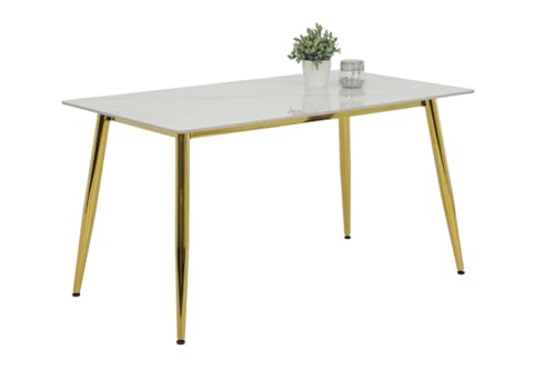 Hela Xenia Mesa de Comedor con Acabado Efecto mármol, Piedra sinterizada Blanca, Estructura metálica cromada Dorada, Medidas 140 x 80 cm
