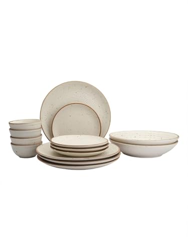 Image of MIAH Decor Handcrafted Stoneware Dinner Set-Pack of 14-[4 Dinner Plates; 4 Quarter /Side Plates / 4 Dinner Bowls / 2 Serving Bowls]|Cream with Brown Rim|Matte Finish|Ceramic|Microwave, Oven, Freez,MD-495