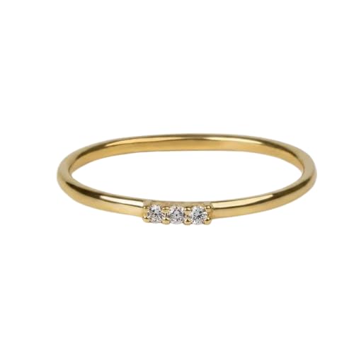 SILVERIST 0.20 Ct Tiny Diamond Ring Three Stone Minimalist Engagement Ring For Women 14K Yellow Gold Plated Dainty Stacking Ring 925 Sterling Silver Handmade Anniversary Promise Ring Gift