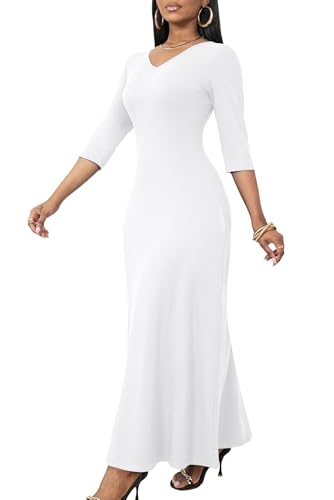 FANDEE Women 3 4 Sleeve Loose Plain Casual Long Maxi Dresses White Large