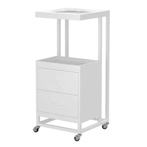 サロン美容トロリーカート 2段サロントロリーカート 引き出し2つ付き 収納付き 金属製サロンローリングカート ユーティリティカートトレイ ビューティートロリーカート ューティーサロンカート(White)