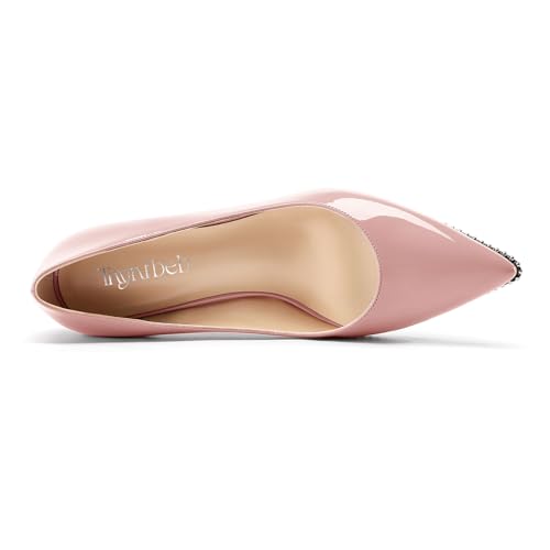 Image of TNYNFBEB Womens Kitten Heel Pointed Toe Pumps Slip-on Sliver Beaded Prom Wedding Dress Basic Classic Patent Leather Summer 2.6 Inches Heels