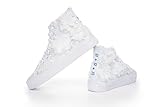 White High-Top Bridal Sneakers with Lace, Pearls, and 3D Flowers – Handmade Wedding Shoes for Bride – Elegant Flat Trainers for Ceremony or Reception
