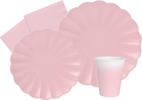 Kit Party Tavola Flower Shape per 24 persone (112 pezzi: 24 piatti Ø23cm, 24 piatti Ø18cm, 24 bicchieri 200ml, 40 tovaglioli 33x33cm) in carta compostabile eco-friendly, rosa pastello