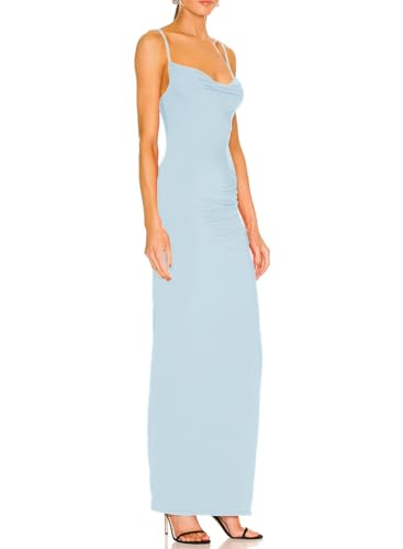 Image of Aigeman Women Spaghetti Straps Cowl Neck Maxi Dress Bodycon Formal Dresses Ruched High Slit Cocktail Party Dress 60