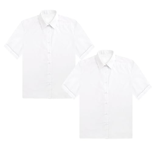 KHIM Paquete de 2 camisas escolares para niñas, color blanco, azul cielo, con botones, blusas fáciles de planchar, manga larga, tallas de 5 a 16 años, Manga corta blanca., 15-16 Años