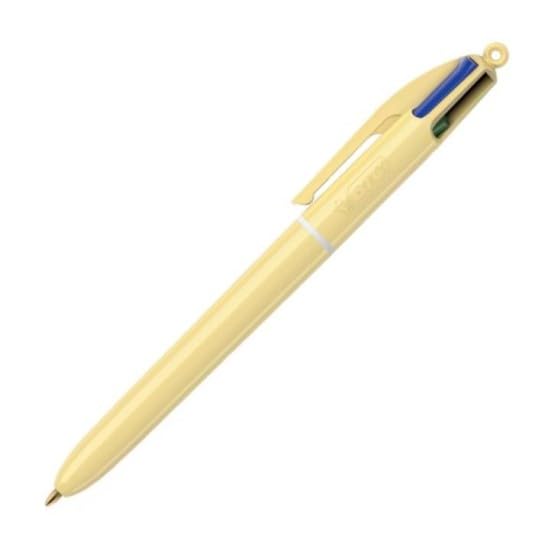 BIC – 1 bolígrafo clásico de 4 colores (negro, azul, verde y rojo) – Decoración amarilla pastel – Punta media: 1 mm