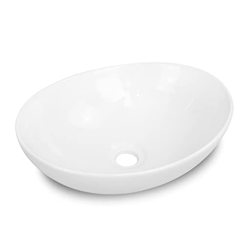 OUUTMEE Keramik Waschbecken Aufsatzwaschbecken Waschtisch oval weiß 41 cm für Badezimmer/Gäste-WC