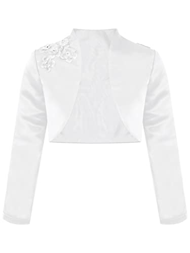 Kids Girls Applique Satin Bolero Cropped Jacket Open Front Cardigan for Wedding Birthday White 16 Years