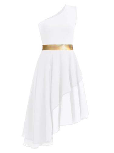 ZYACTU Damen Lob Tanzkleid One Shoulder Liturgische Anbetung Overlays Kleid Unregelmäßiger Saum Lyrische Tanzkleidung, B24-Weiß, Klein