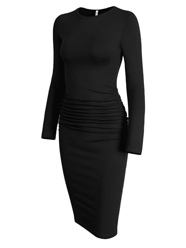 Image of Missufe Women's Long Sleeve Slim Ruched Bodycon Dress 2025 Trendy Fall Casual Round Neck Sheath Knee Length Outfits Clothes