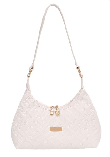 Image of PORT&LOTUS Hobo Purses for Women Small Under the Arm Shoulder Bag for Women PU Leather Crescent Handbag White Woven Bag with Two-way Zipper Closure Trendy Purse