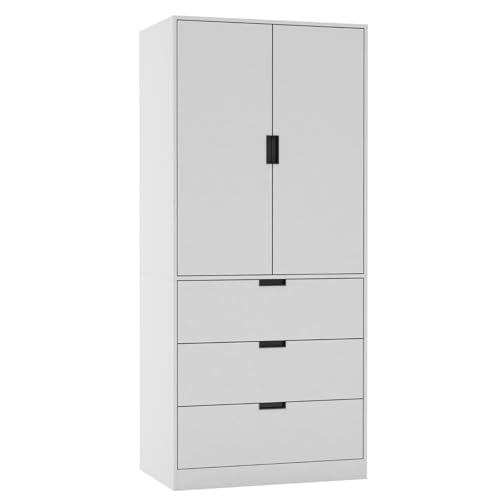 URBNLIVING Modern 2 Door Wardrobe with 3 Drawers & Hanging Rail Stylish Freestanding Storage Spacious Interior Durable Chipboard Build Easy to Assemble Bedroom Furniture