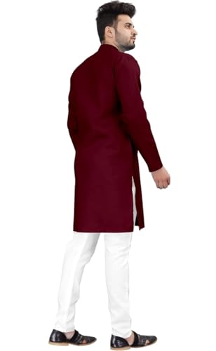 Image of Men's Maroon Kurta Full Sleeve, Mandarin Collar, Ethnic Wear