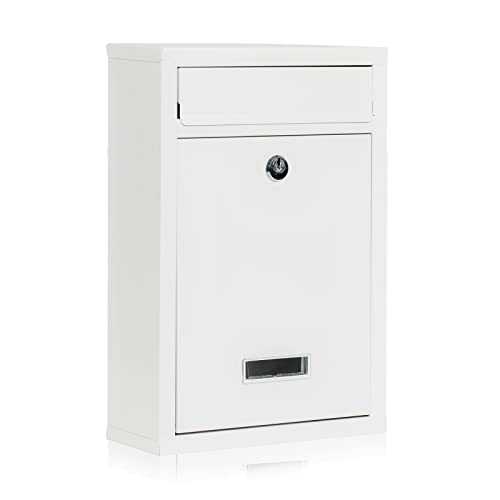 Yoobox Wall-Mounted Mailbox, Outdoor Steel Postbox With Key Lock, Windproof Hanging Secured Drop Box, White, 12.6 X 8.46 X 3.35 Inch, Medium Capacity #TOP4