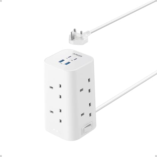 Anker Tower Extension Lead with USB Slots 12-in-1 Surge Protector Plug Extension Socket with Switch (13A 2990W) 20W USB C Fast Charging Power Strip 8 AC Outlets 4 USB Ports 2m Extension Cable