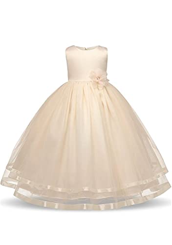 YMING Girls Wedding Party Princess Dress Sleeveless Lace Tutu Dress Tulle Prom Maxi Gown with Flower