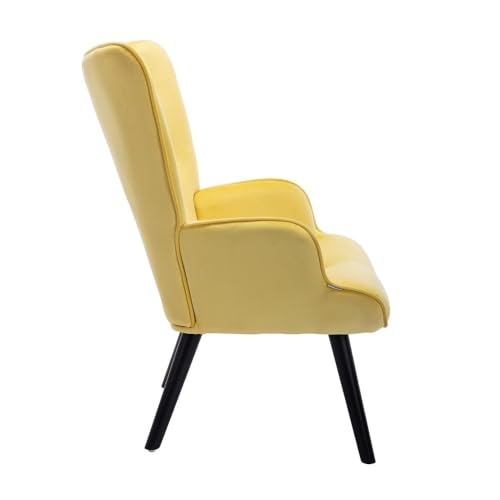 Image of Velvet Wingback Accent Chair for Living Room | Luxury High Back Tufted Armchair with Glossy Metal Legs | Modern Velvet Upholstered Lounge Chair for Home & Office | 1 Pc (Yellow)