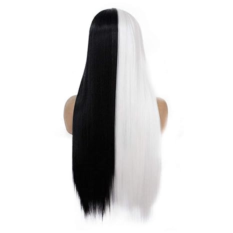 Miniatura 3 de Mezcla de encaje frontal sintético peluca mitad negro mitad blanco #1001 para mujeres sin pegamento largo recto pelucas de pelo sintético parte