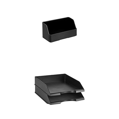Amazon Basics Plastic Desk Organizer Name Card Holder Black + Office Letter Organizer Desk Tray Pack of 2 Black