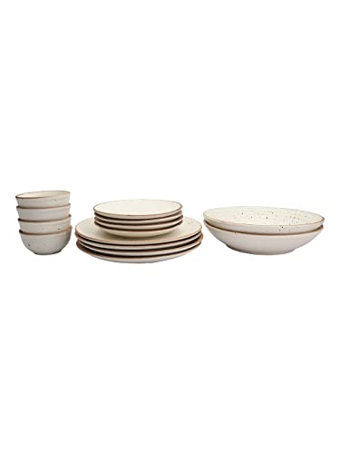Image of MIAH Decor Handcrafted Stoneware Dinner Set-Pack of 14-[4 Dinner Plates; 4 Quarter /Side Plates / 4 Dinner Bowls / 2 Serving Bowls]|Cream with Brown Rim|Matte Finish|Ceramic|Microwave, Oven, Freez,MD-495