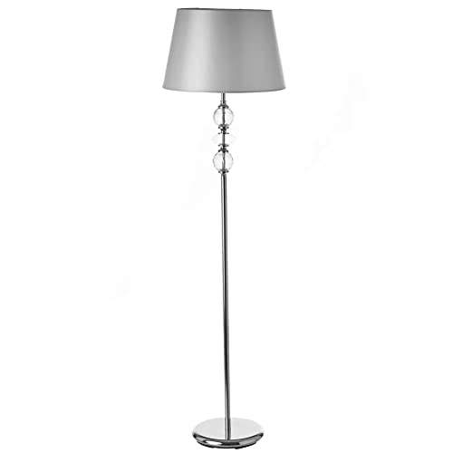 BAKAJI Lampada Piantana da Terra Luce Lampadina E27 Max 60W Base in Metallo Cromato Decorazioni Sfere Cristallo e Paralume in Tessuto Grigio Design Moderno Altezza 125cm