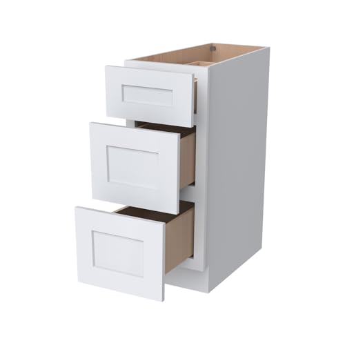 CozyHommie RTA Base Cabinet with 3 Drawers, Solid Wood Frame, Shaker Style Standalone or Modular Design for Kitchen, Bathroom, or Office Storage (White, 15