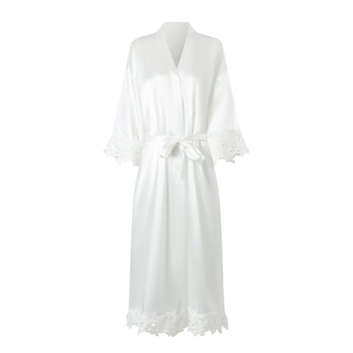 Women's Long Bride Bridesmaid Robes with Lace Trim Embroidery Bridal Silky Satin Kimono Wedding Party Bathrobe2