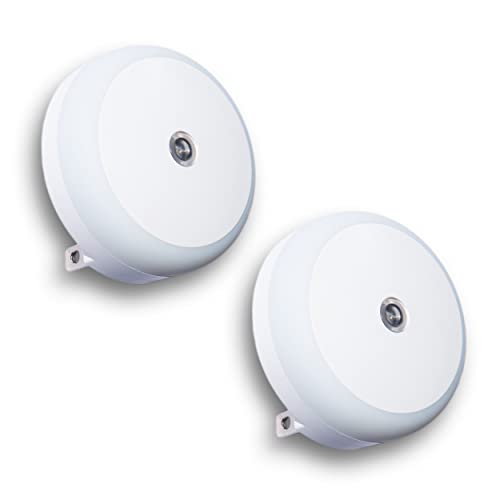 SerieCozy LED Night Light Plug in White Nightlight Dusk to Dawn Sensor Smart Wall Night Light for Bathroom, Bedroom, Home, Kitchen, Hallway, Energy Efficient, Round, 2 Pack