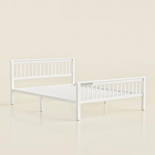 Image of Queen Size Metal Bed Frame | Queen Metal Bed | Queen Iron Bed | QueenSize Steel Bed | Heavy Duty Platform Bed | Steel Slats | No Box Spring Needed | Ideal for Home,Hostel & Guest House (White)