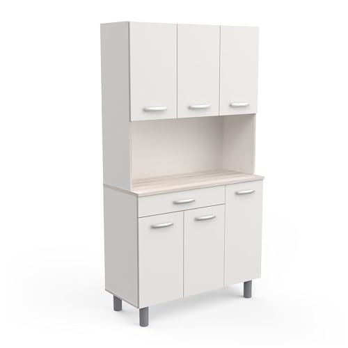 Demeyere Buffet Haut Cuisine 6 Portes et 1 Tiroir Résistant A L’Eau – Style Naturel – Coloris Blanc Mat et Bois Acacia – 101 x 42,3 x 18,53 cm