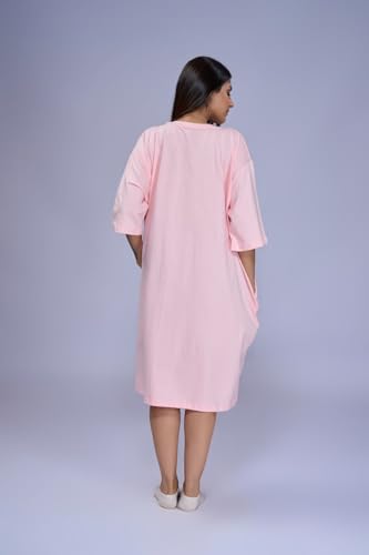 Image of LAMA STORE Women's Printed Oversized T-Shirt Dress, Cotton, 3 /4 Sleeve Length, Casual Loose Fit, Comfort Wear Extra Comfy Oversized Printed Pocket T-Shirt Dress